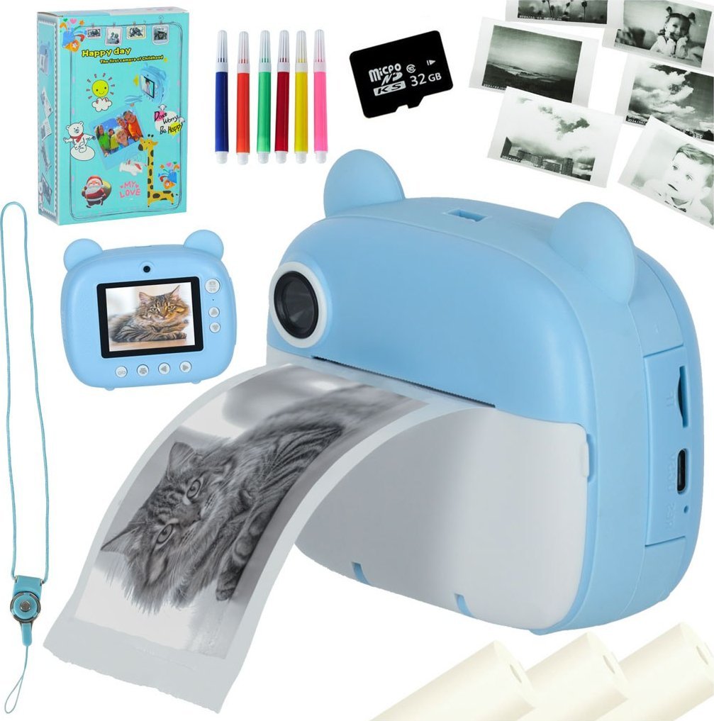 Aparat fotograficzny natychmiastowy drukarka termiczna + wkłady karta 32GB niebieski miś