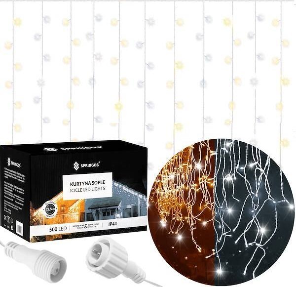 Lampki choinkowe Springos Kurtyna świetlna 500 led girlanda, lampki wewnętrzno-zewnętrzne sople biały ciepły + biały zimny UNIWERSALNY