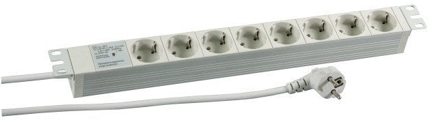 EFB 19Zoll 1HE Steckdosenleiste 8-fach CEE7/3 Steckdosen mit Ueberspannungsschuzt Aluminium GRAU RAL7035 IP20 Anschlussleitung 2m