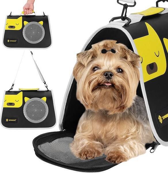 Springos Transporter dla kota, królika, psa do 10 kg 24 x 40 x 24 cm torba transportowa, czarno- żółto- szary UNIWERSALNY