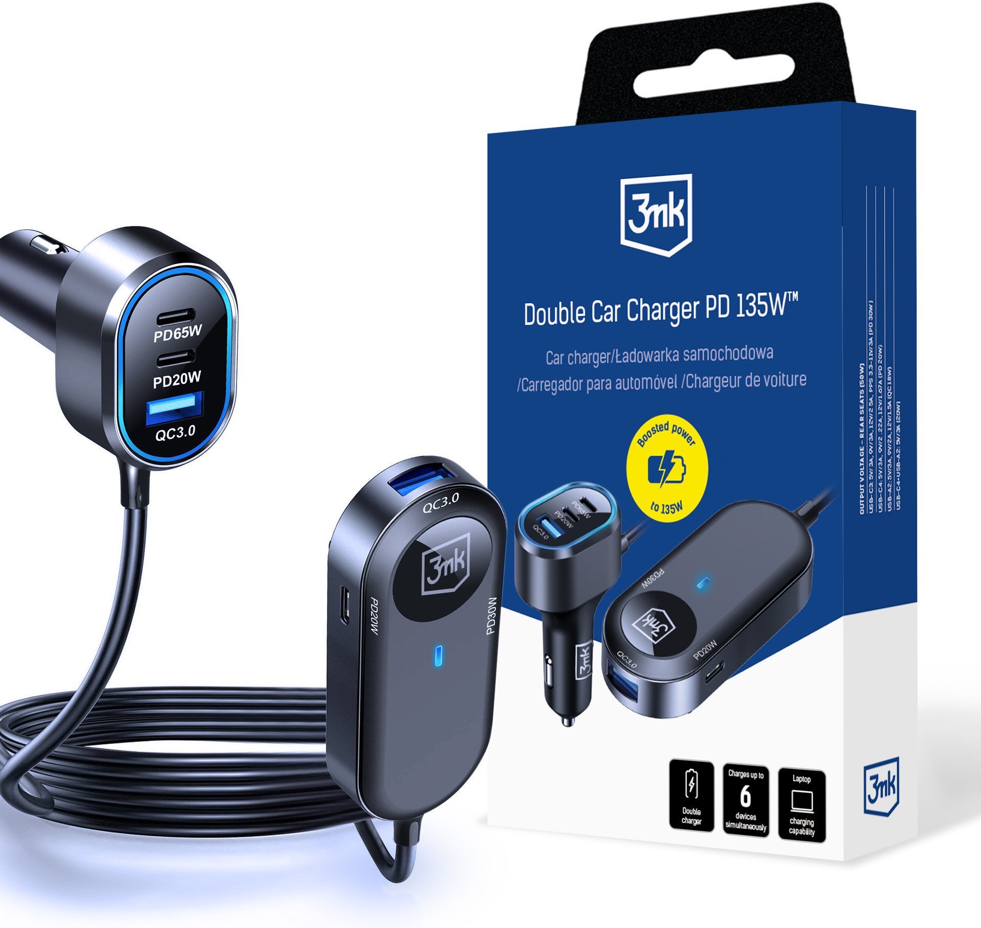 3mk Double Car Charger 135W PD QC PPS USB 2A4C Black/Gray
