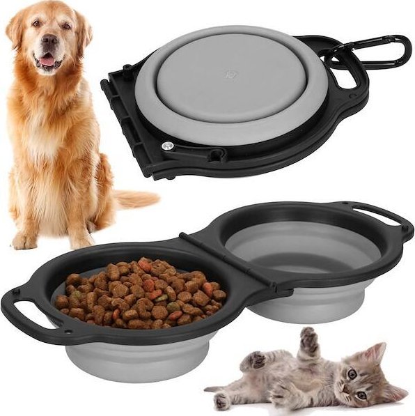 Springos Podwójna miska podróżna na karmę i wodę dla psa, kota, składana, szaro-czarna UNIWERSALNY
