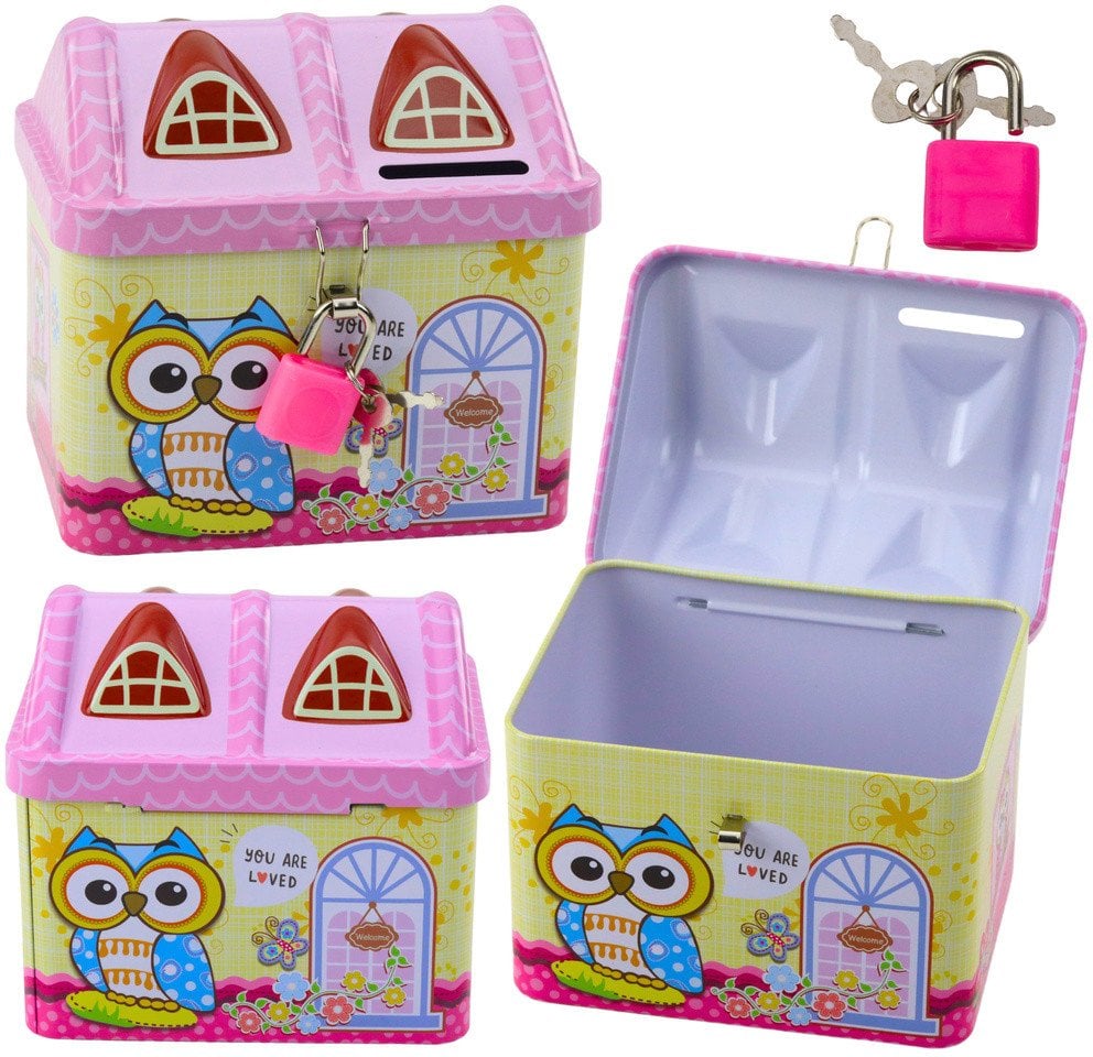 Skarbonka Metalowa Domek Sowa Kłódka Kluczyki Różowa