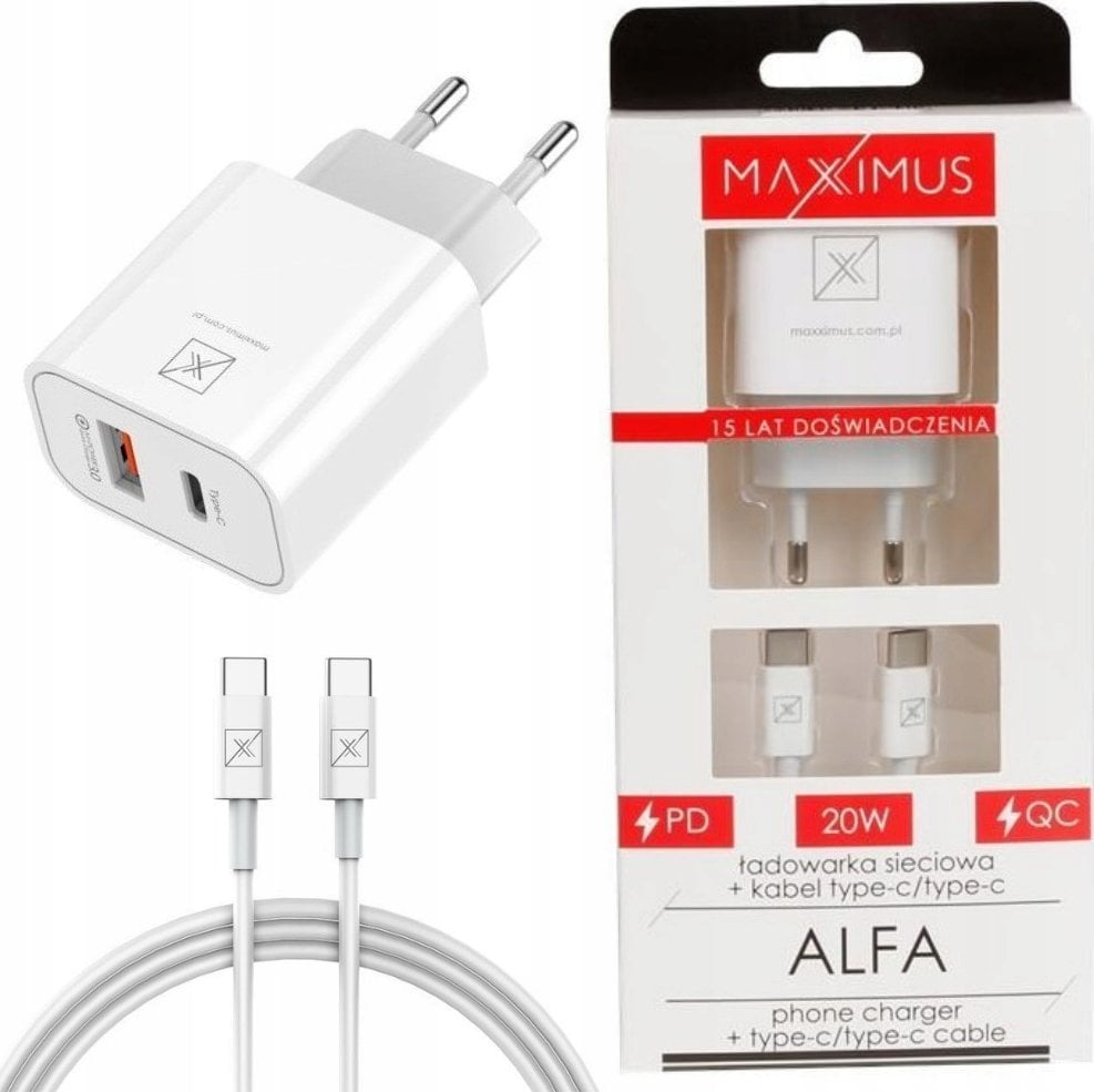 Ładowarka Maxximus ŁAD. SIECIOWA MX ALFA 20W PD+QC, USB-A+C + KABEL C/C 20W PD, WHITE/BIAŁY