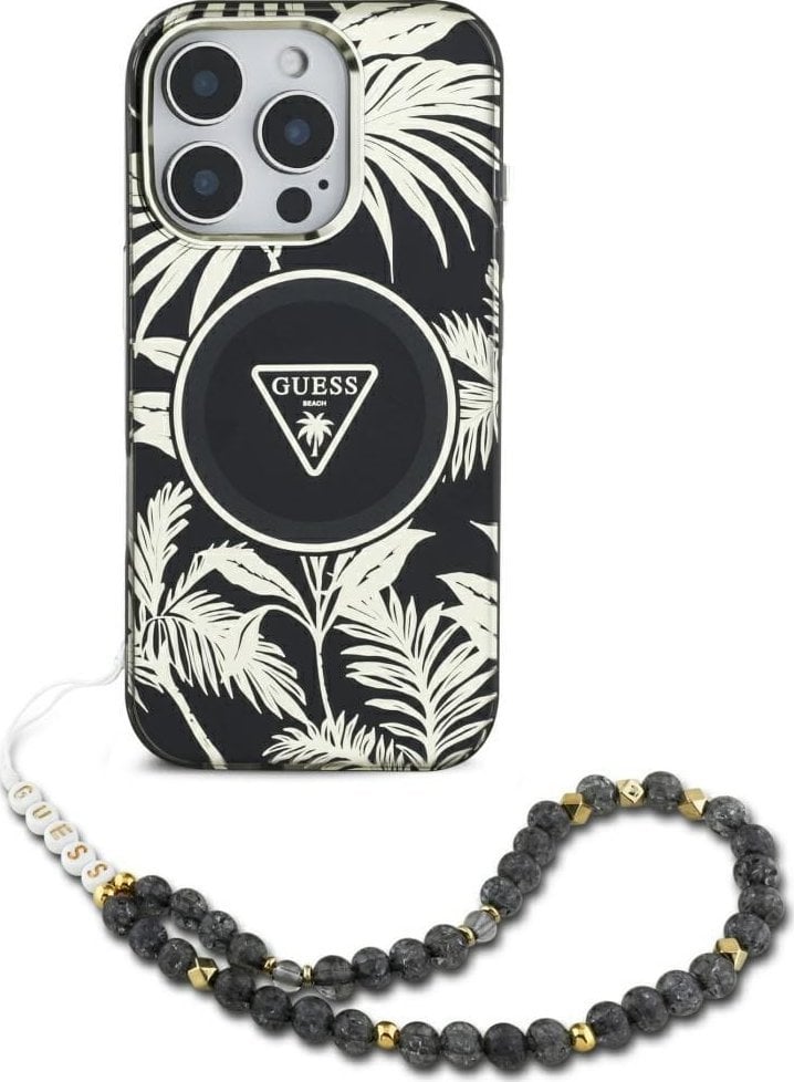 Etui Guess Palm Trees Triangle Pearl Strap MagSafe do iPhone 16 czarny