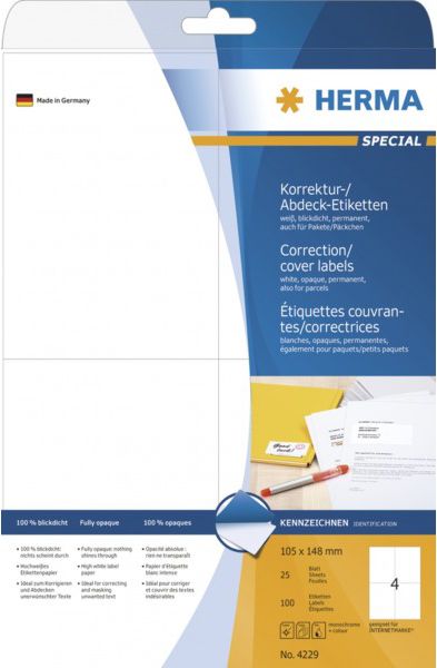 Herma Etykiety samoprzylepne kryjące A4, 105 x 148 mm., papier biały nieprzezroczysty mat, 100 szt. (4229)
