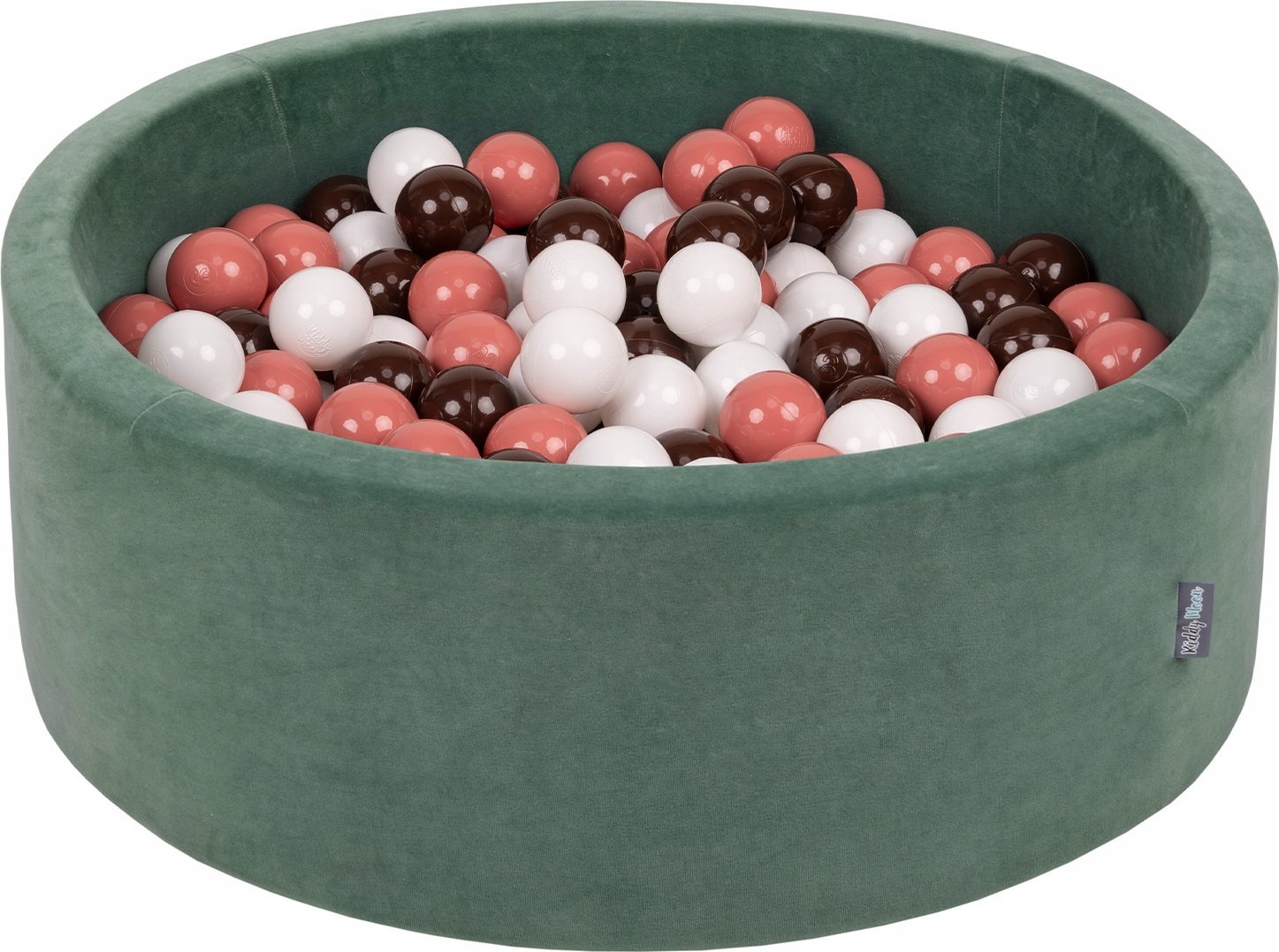 KiddyMoon Suchy basen okrągły VELVET z piłeczkami 7cm zieleń lasu: łososiowy-brązowy-biały 90x30cm/200piłek Zabawka basen piankowy