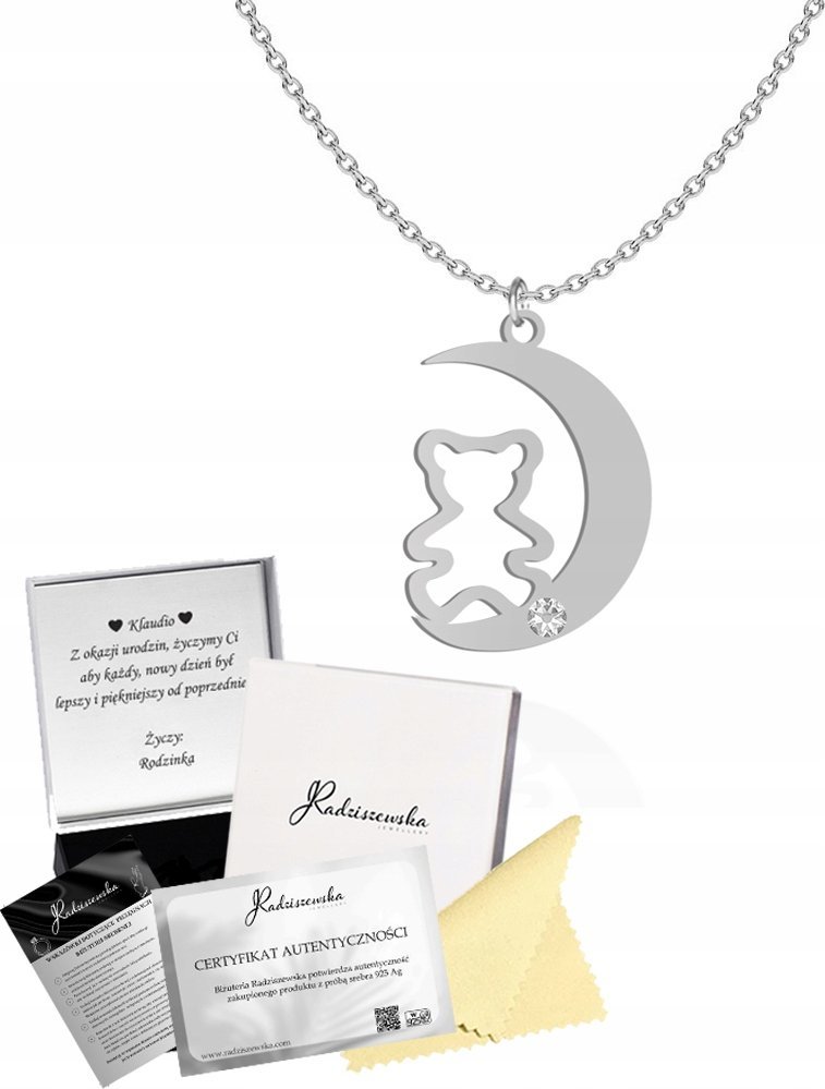 Radziszewska Jewellery Naszyjnik Srebrny z MISIEM Łańcuszek Kryształ Prezent DEDYKACJA GRATIS