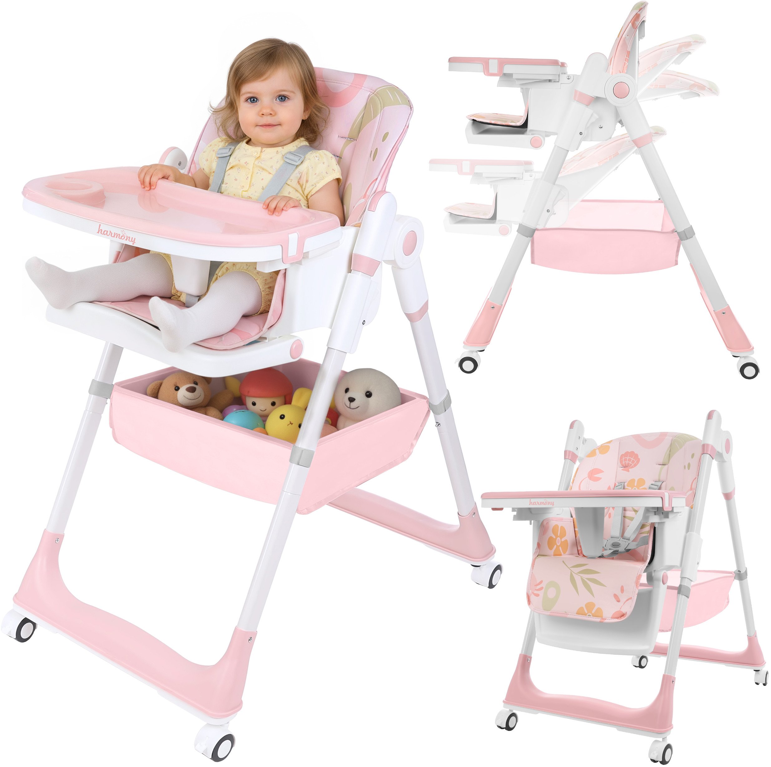 DUŻE SKŁADANE WIELOFUNKCYJNE KRZESEŁKO DO KARMIENIA 5W1 PAPUŚ RÓŻOWE