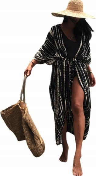 Pareo narzutka na strój tunika kimono wzór czarne