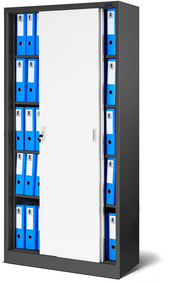 Aktenschrank, Schiebetürenschrank, Metallschrank KUBA, 900 x 1850 x 400 mm, anthrazit-weiß