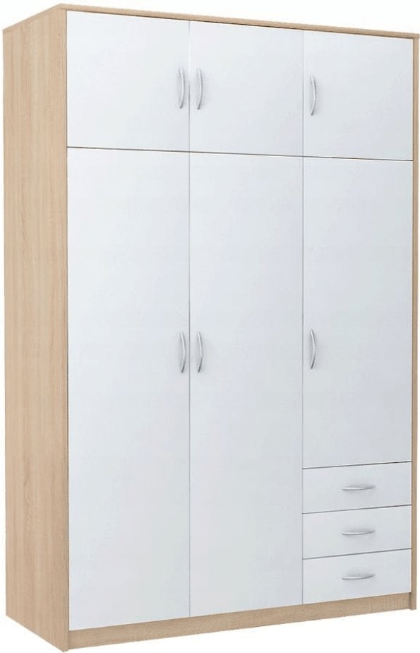 Szafa trzydrzwiowa, do sypialni, Classic, 127x55x193 cm, dąb sonoma, biel, mat | TYLETEGOTU