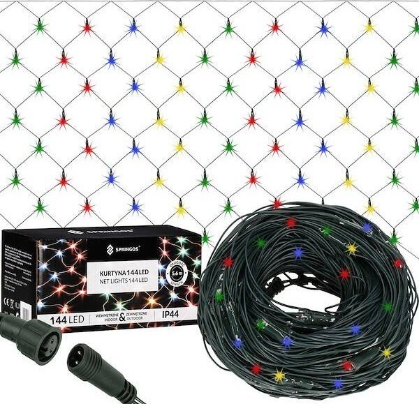 Lampki choinkowe Springos Kurtyna świetlna multikolor 144 Led lampki wewnętrzno-zewnętrzne siatka z programatorem UNIWERSALNY