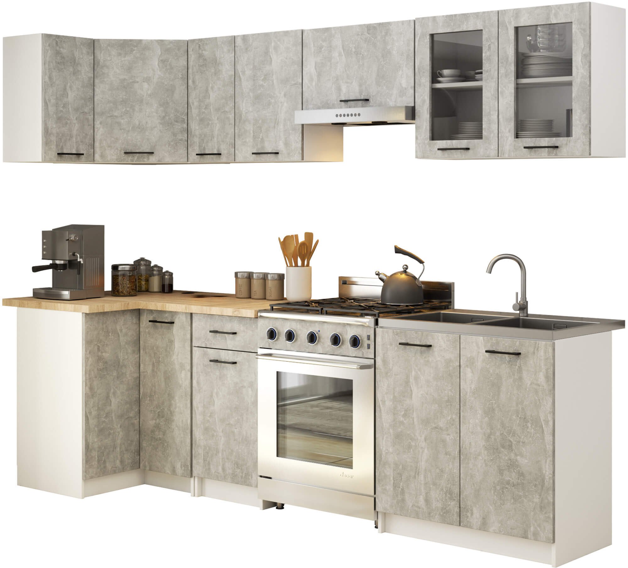 MEBLE KUCHENNE ZESTAW NAROŻNY Z WITRYNĄ OLIWIA 3M BETON