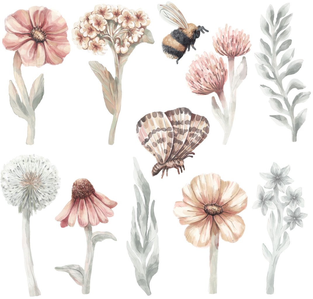 Pastelowe Love Polne Kwiaty I - Naklejka na ścianę