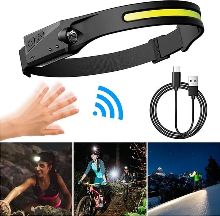 Latarka czołowa Hurtel Latarka czołowa czołówka LED z czujnikiem ruchu IPX4 USB-C 1200 mAh czarna Latarka czołowa czołówka LED z czujnikiem ruchu IPX4