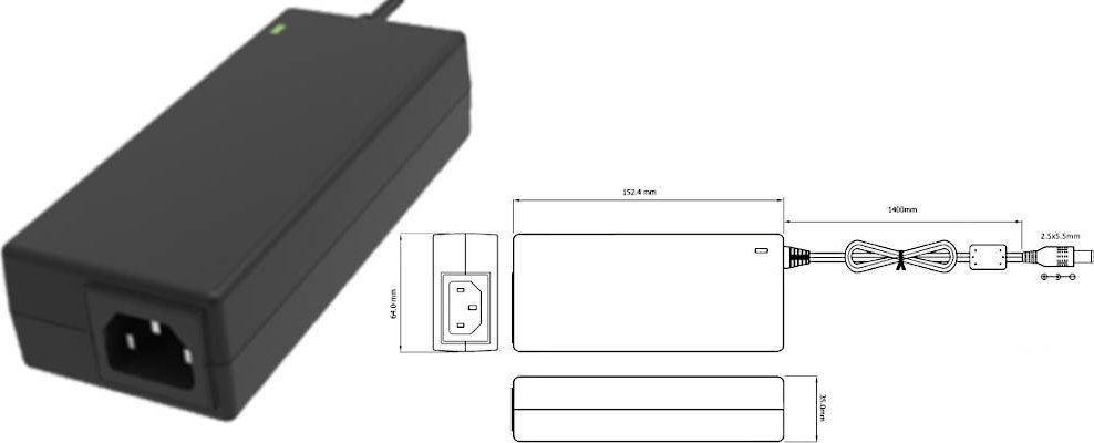 POSC20600D-2555-C14, desktop, gniazdo AC: IEC C14, wtyk DC:2.5x5.5mm prosty