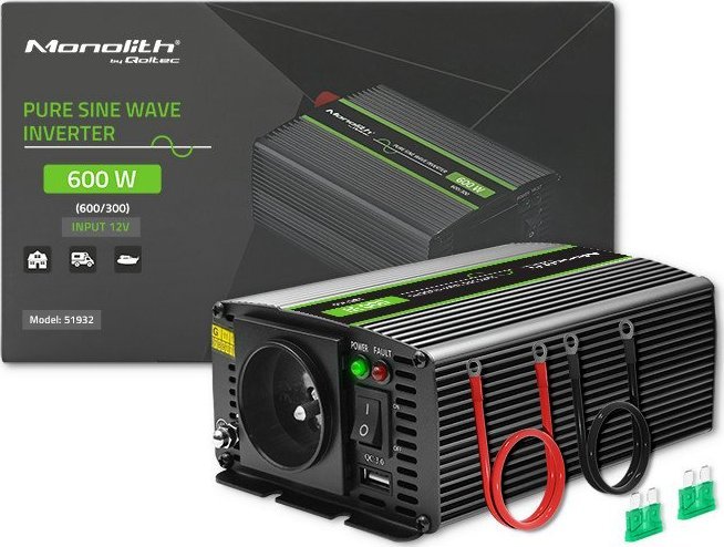 Przetwornica Qoltec Przetwornica napięcia Monolith | 300W | 600W | 12V na 230V | Czysty Sinus