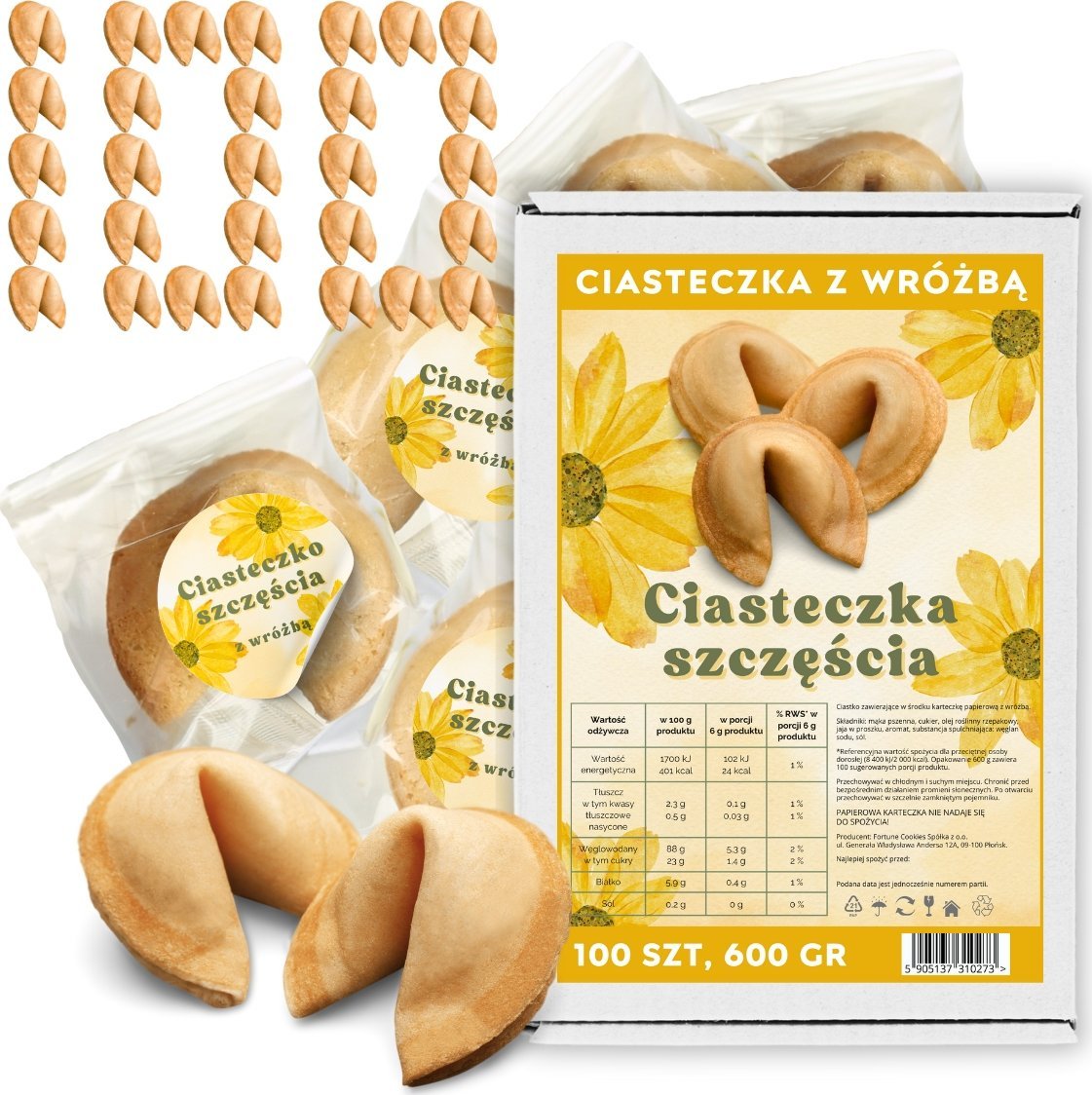 MagiaCiast Chińskie Ciasteczka Szczęścia z Wróżbą dla Gości 100 sztuk 600g