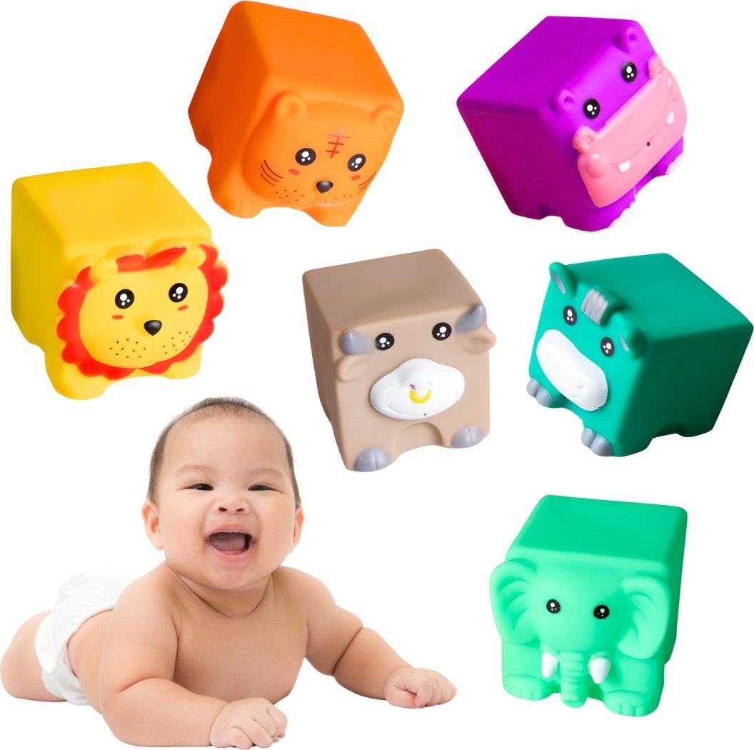SZEŚCIENNE ZWIERZĄTKA GUMOWE SILIKONOWE FIGURKI DO KĄPIELI KLOCKI