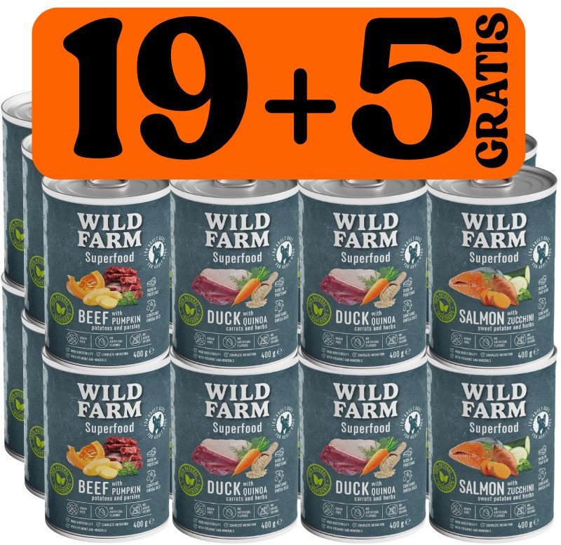 WILD FARM Superfood Mix smaków 19x400g + 5x400g GRATIS