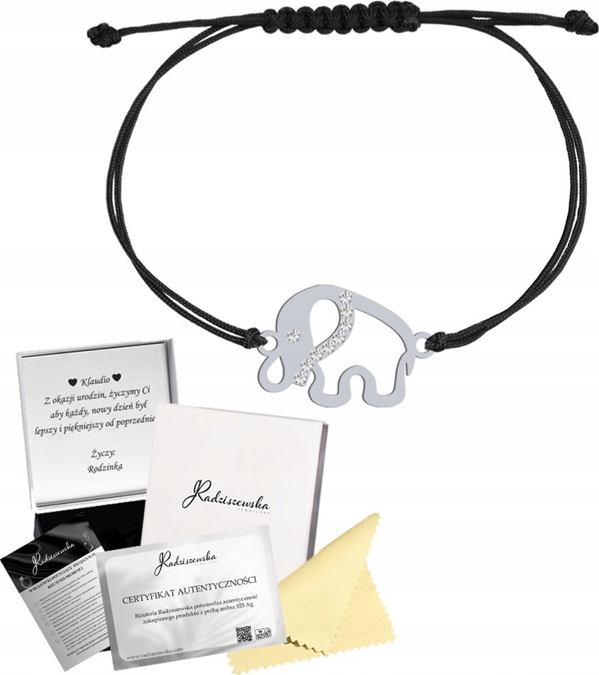 Radziszewska Jewellery Bransoletka Srebrna SŁONIK NA SZCZĘŚCIE Sznurek Prezent DEDYKACJA GRATIS