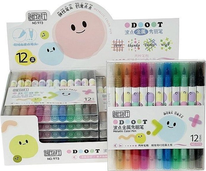 Flamastry dwustronne 12 kolorów metaliczne