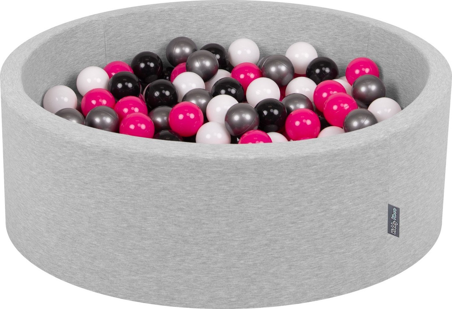 KiddyMoon KiddyMoon Suchy basen okrągły z piłeczkami 7cm jasnoszary: biały-czarny-srebrny-ciemny róż 90x30cm/200piłek Zabawka basen piankowy