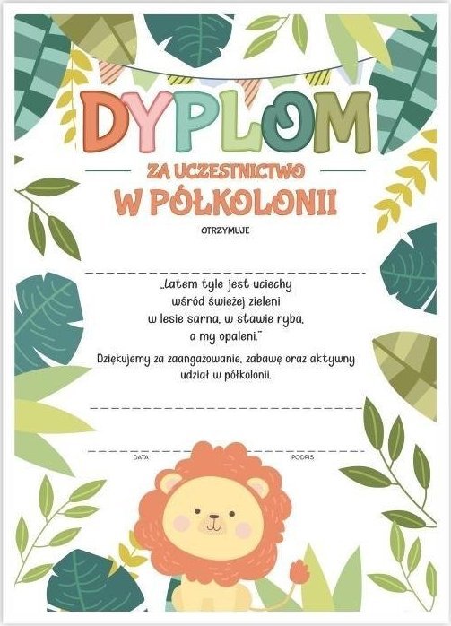 LearnHow Dyplom A4 ukończenia półkolonii - Lew 20szt