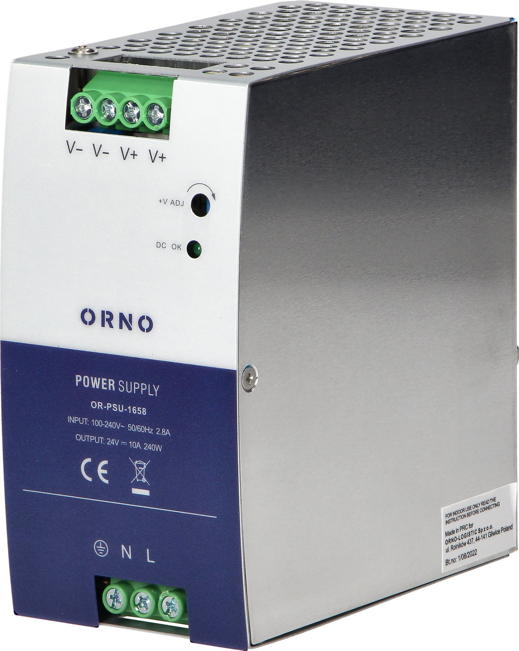 Orno Zasilacz przemysłowy, na szynę DIN, 24VDC, 10A, 240W, w metalowej obudowie