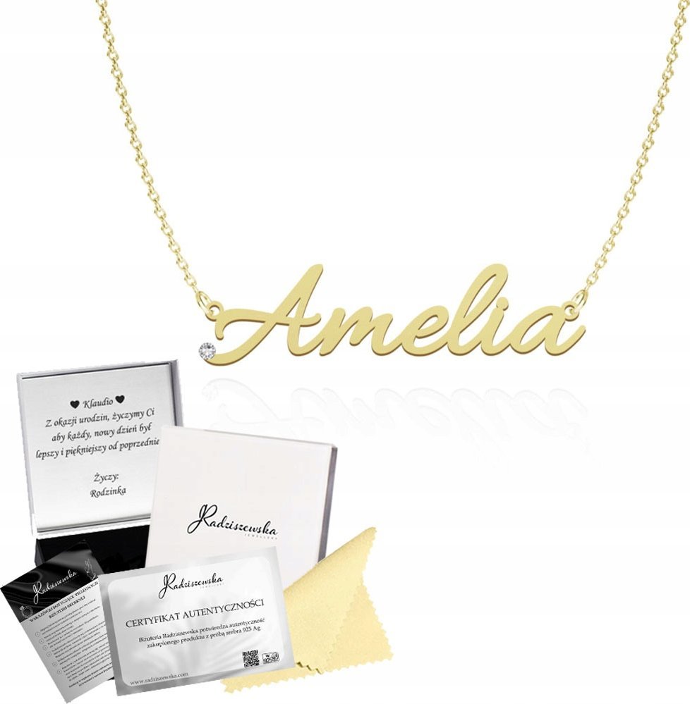 Radziszewska Jewellery Złoty Naszyjnik z imieniem AMELIA Łańcuszek SREBRO 925 ŻYCZENIA GRATIS