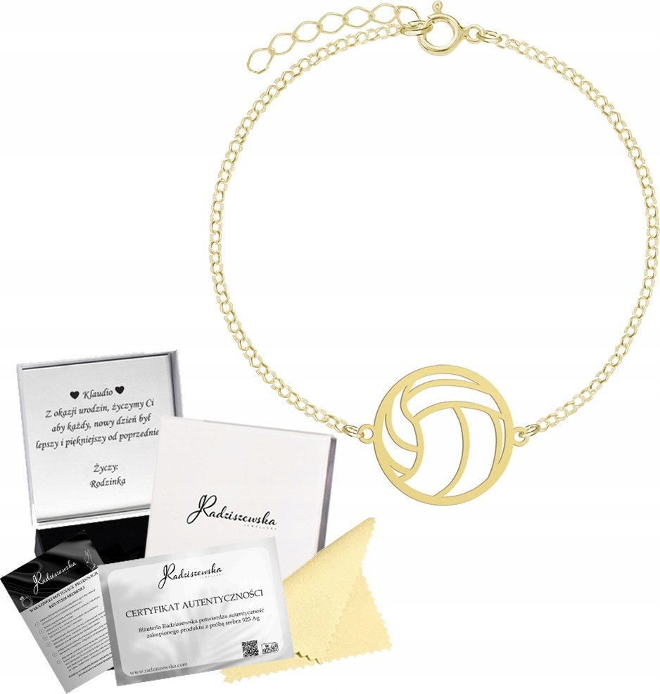 Radziszewska Jewellery Bransoletka Złota Piłka do Siatkówki Łańcuszek SREBRO 925 DEDYKACJA GRATIS