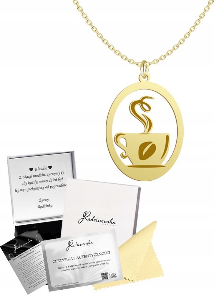 Radziszewska Jewellery Złoty Naszyjnik FILIŻANKA KAWY Łańcuszek SREBRO 925 Prezent DEDYKACJA GRATI