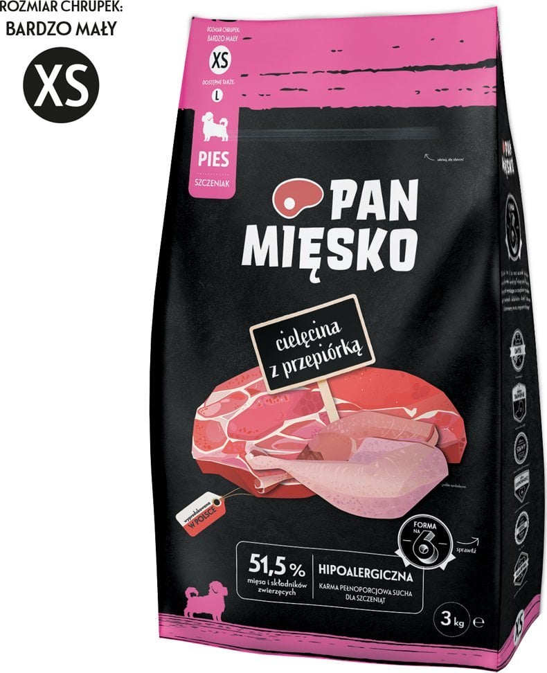 Pan Mięsko Karma sucha dla psa Cielęcina z przepiórką (szczeniak) chrupki XS 3kg