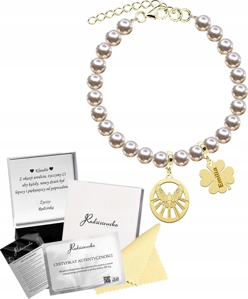 MEJK Jewellery Bransoletka Złota Dary Ducha Świętego Koniczyna Bierzmowanie 925 GRAWER