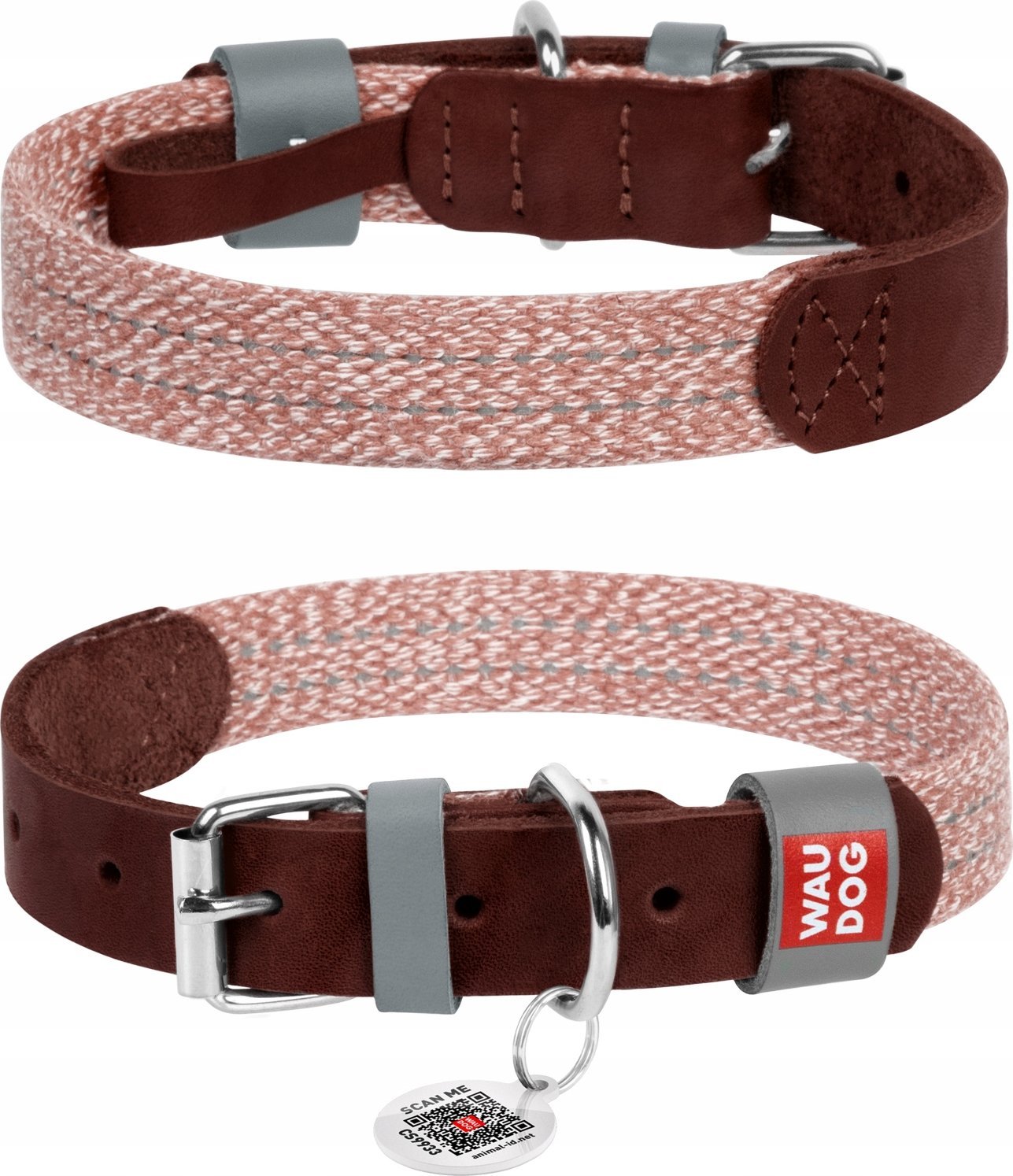 Collar Obroża dla psa z naturalnej skóry i materiału recyklingowego z kodem QR Waudog rozmiar M, szer. 20 mm, brązowa