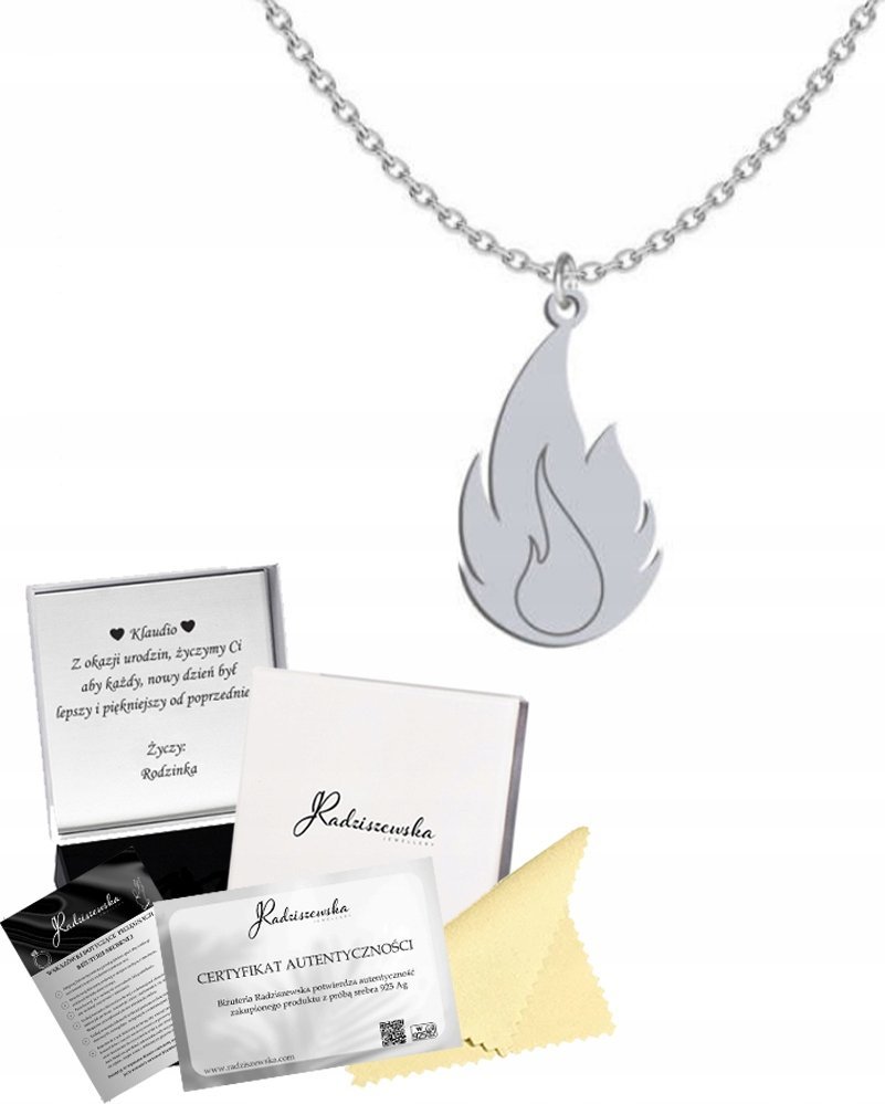 Radziszewska Jewellery NASZYJNIK SREBRNY Z PŁOMIENIEM ŁAŃCUSZEK PŁOMIEŃ GRAWER PREZENT 925