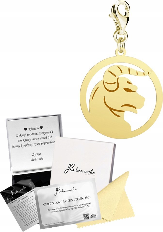 Radziszewska Jewellery Charms Złoty Znak Zodiaku Byk Srebro 925 Prezent Kobieta DEDYKACJA GRATIS
