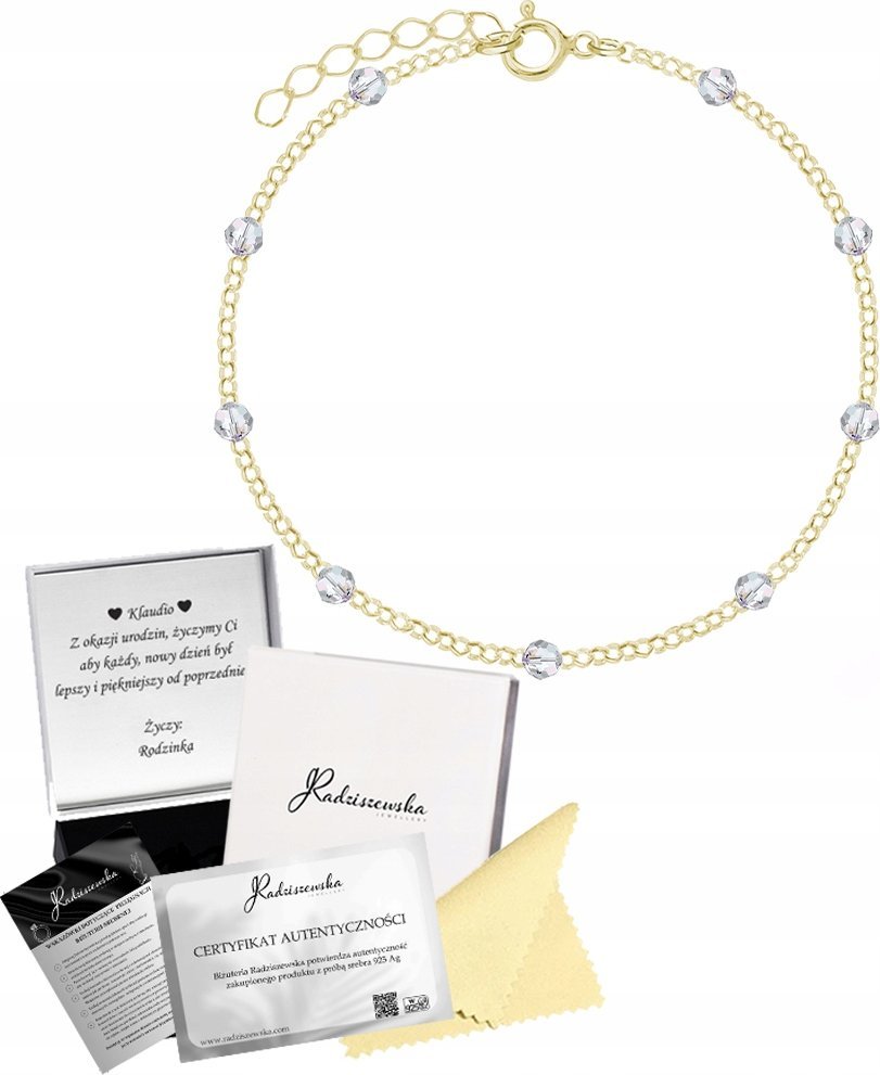Radziszewska Jewellery Złota Bransoletka na Nogę Kryształy Łańcuszek Prezent Biżuteria ŻYCZENIA
