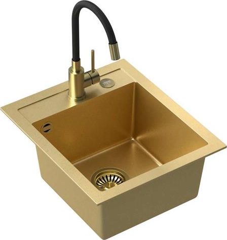 Zlewozmywak Steiner ART JOHNNY 100 (43x50x20,3) Steingran Art Gold z syfonem manualnym, baterią Maggie PVD i zaślepką - złoty