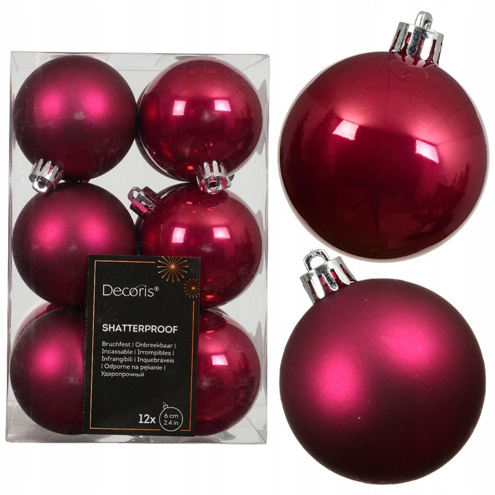 Bombki choinkowe zestaw 12 szt. fuksja 6 cm błyszczące i matowe