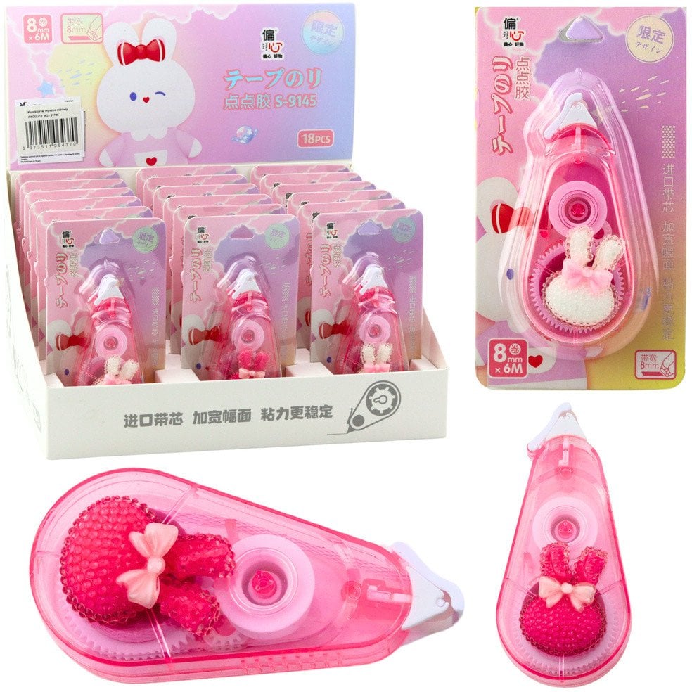 Korektor W Taśmie Myszka Szkolny Biurowy Ozdobny Zajączek Różowy 8mm x 6m LEAN