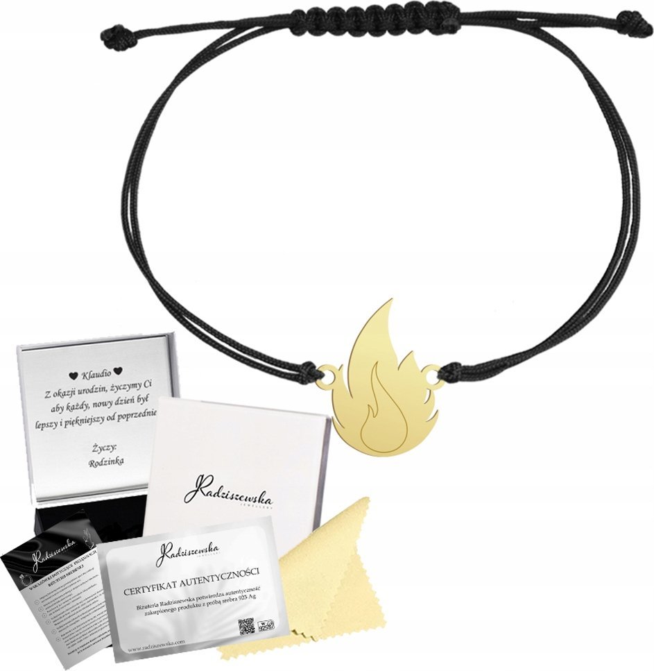 Radziszewska Jewellery BRANSOLETKA ZŁOTA Z PŁOMIENIEM 925 SZNUREK PREZENT KOBIETA ŻYCZENIA GRATIS