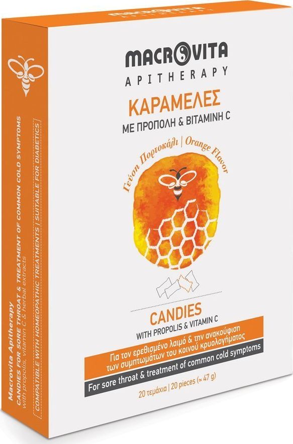 Macrovita MACROVITA cukierki bez cukru o smaku pomarańczowym z propolisem, wit. C i ziołami 20 szt.