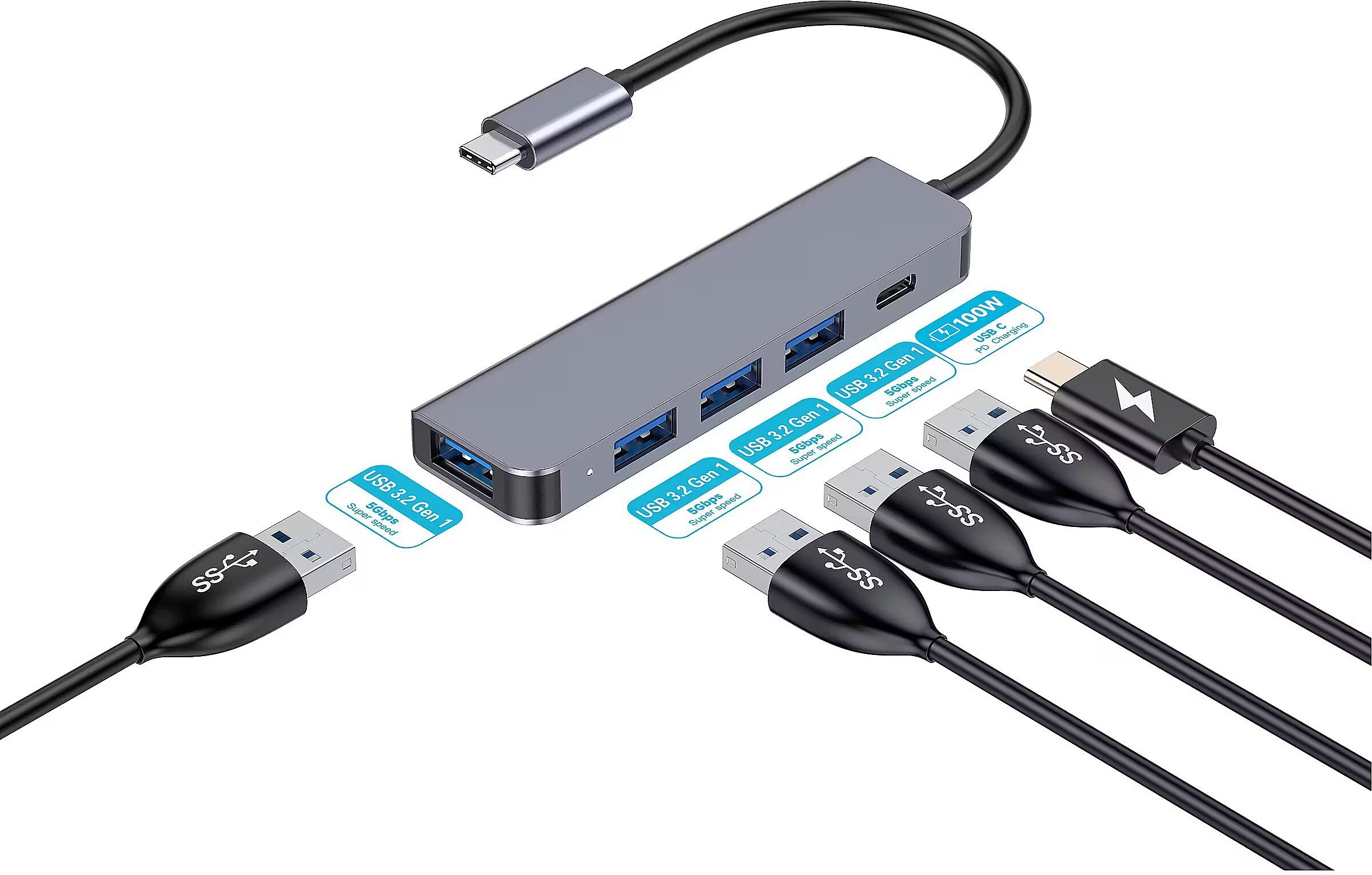 PLATINET MEDIA HUB USB-C TO 4X USB-A 3.2 GEN1 + 1X USB-C PD 100W 5IN1 ALUMINIUM [46235]