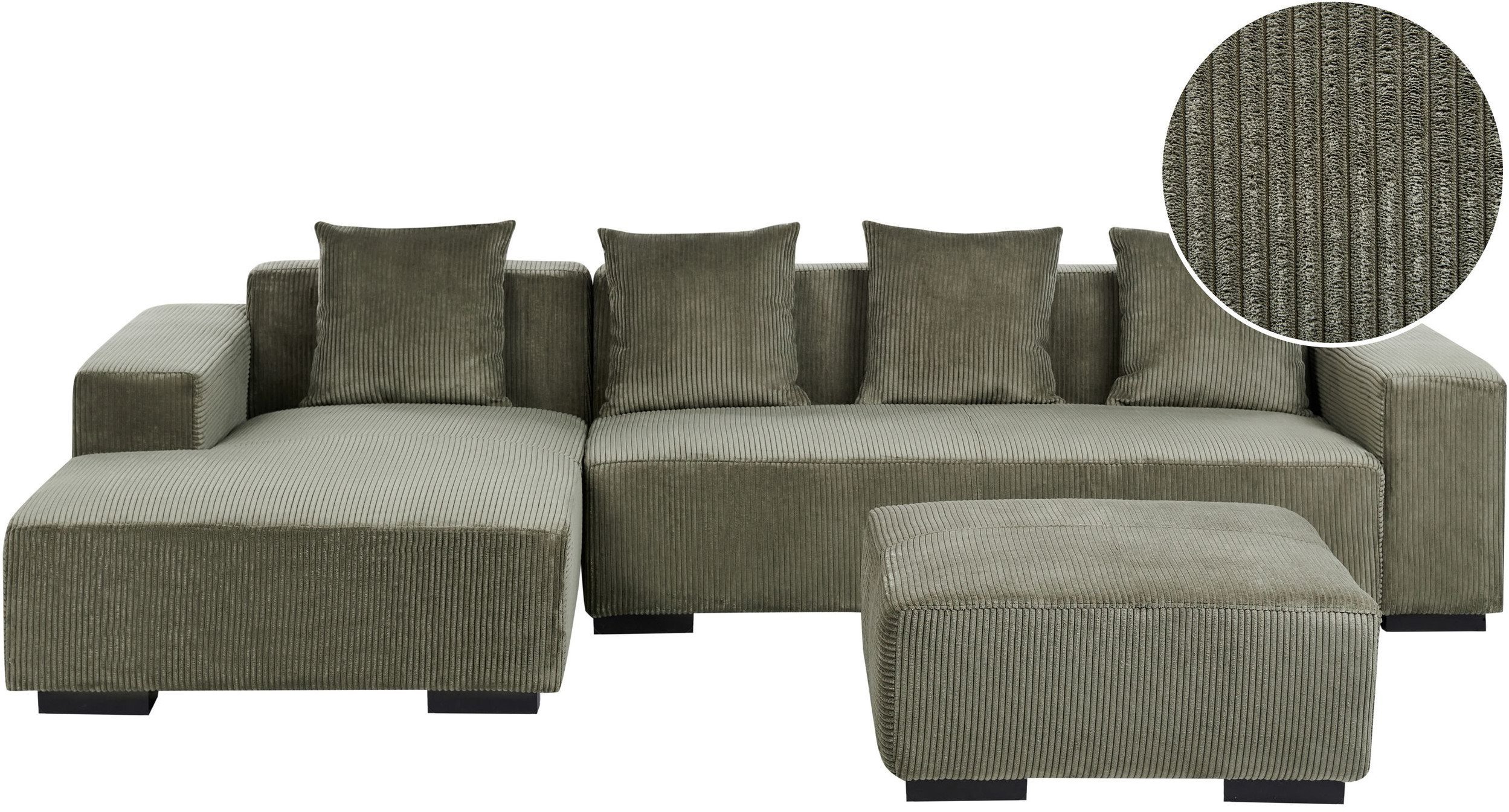 Narożnik dla 4 osób LUNGO Sztruks Zielony z otomaną Prawostronny