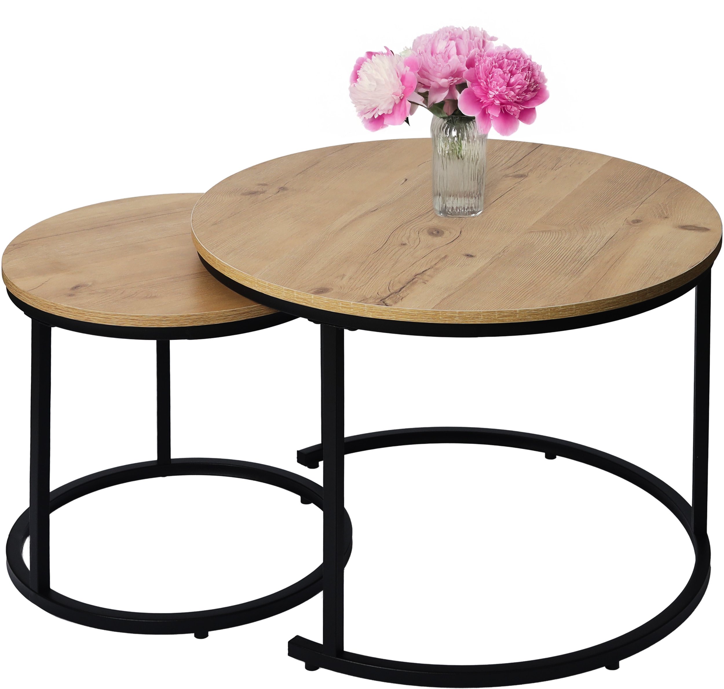 Nowoczesne stoliki kawowe okrągłe zestaw 2w1 loft industrial ława stół stolik dąb antyczny jasny