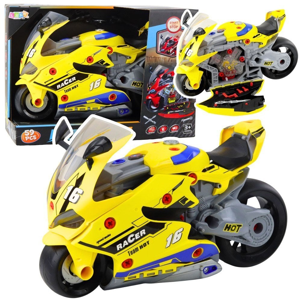 Motocykl Do Rozkręcania 2w1 DIY Warsztat Światła Dźwięki Dym Żółty 43cm