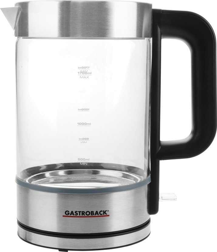 Czajnik Gastroback Gastroback Design Basic, 1.7 L, 3000 W, Stainless steel, Transparent, Glass, Stainless steel, Water level indicator, Overheat prote