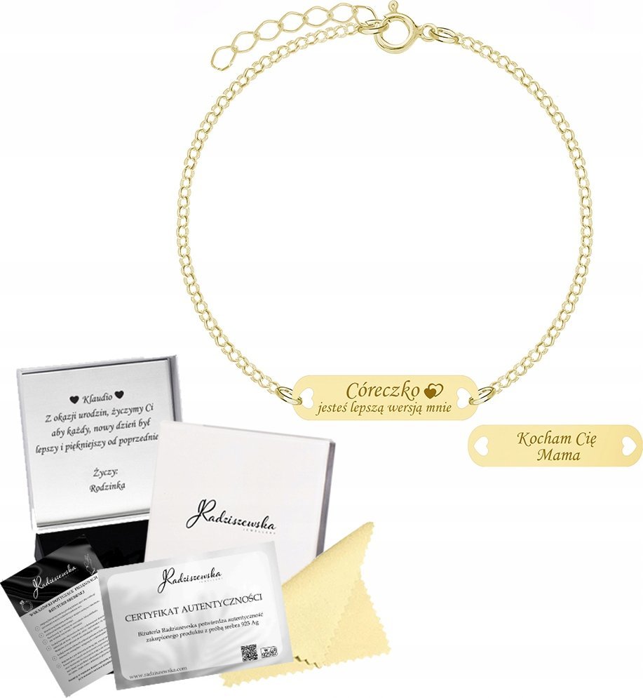 Radziszewska Jewellery Złota Bransoletka dla Córki Blaszka Srebro 925 Grawer Gratis Prezent